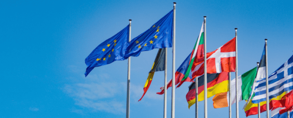 Een aantal vlaggen van landen van de EU wapperen in de wind